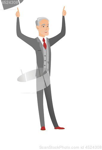 Image of Caucasian businessman standing with raised arms up