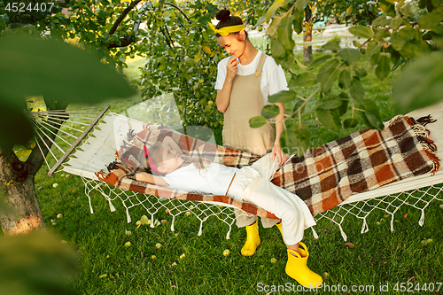 Image of The happy young family during picking apples in a garden outdoors