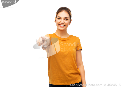 Image of young woman or teenage girl pointing finger at you