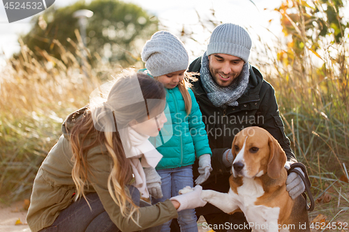 Image of happy family with beagle dog outdoors in autumn