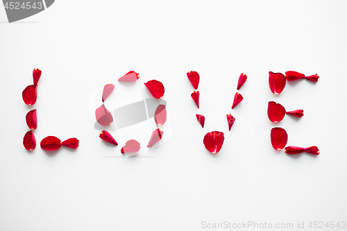 Image of word love made of red rose petals