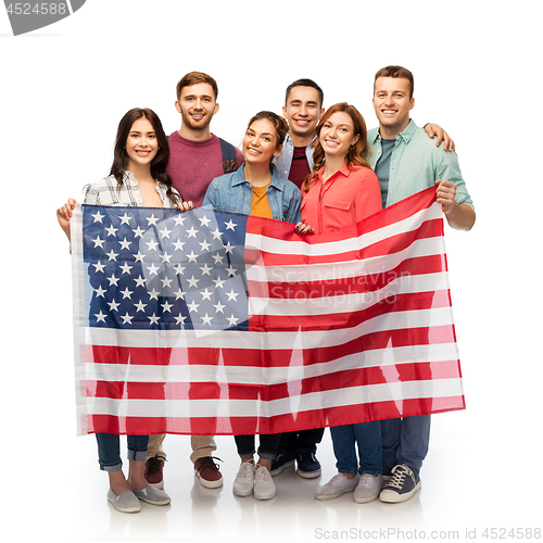 Image of group of smiling friends with american flag