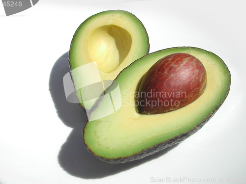 Image of avocado cut in half on a white background