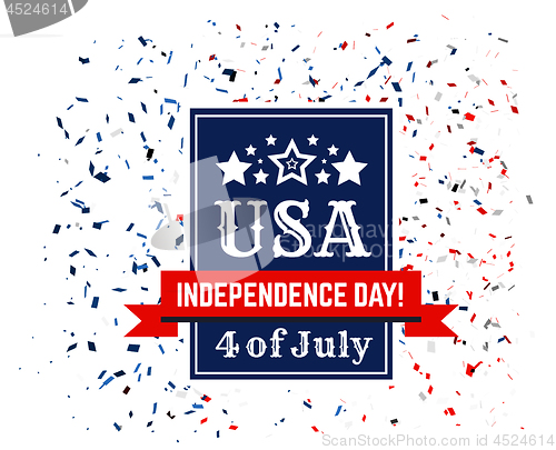 Image of Badge of congratulations on US Independence Day. Fourth of July on the background of confetti in the colors of the American flag. Vector