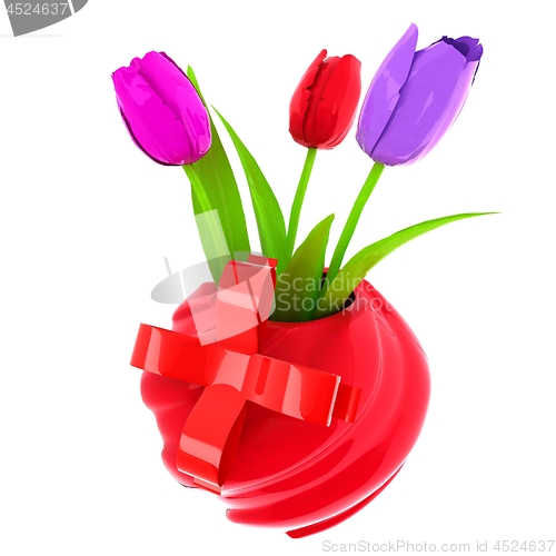 Image of Fresh spring tulips in a vase vith ribbon. 3d illustration