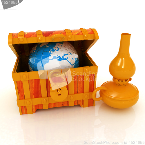 Image of Earth in a chest and kerosene lamp. 3d illustration