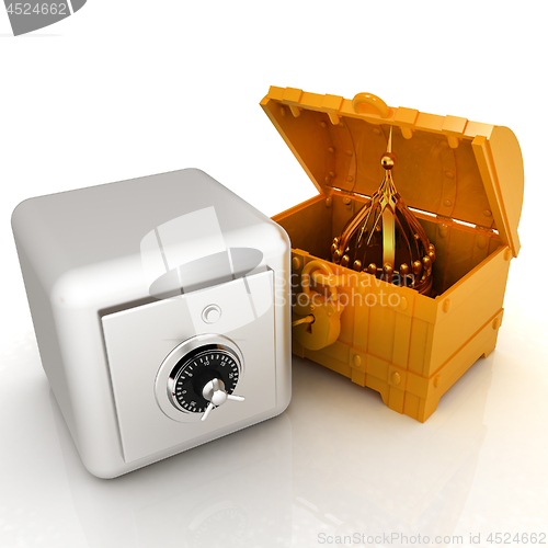 Image of Chest, safe and crown. Money saving concept. 3d render