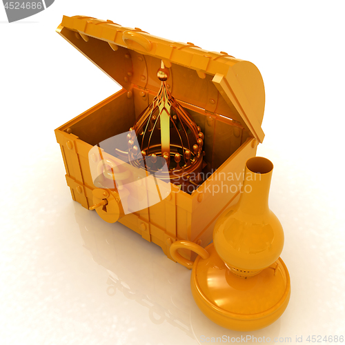 Image of Gold crown in a chest and kerosene lamp. 3d render