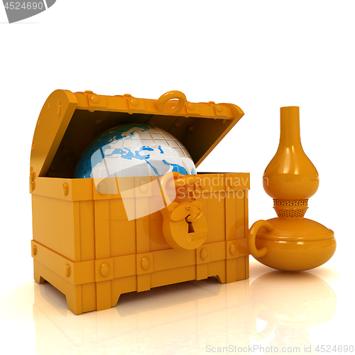 Image of Earth in a chest and kerosene lamp. 3d illustration