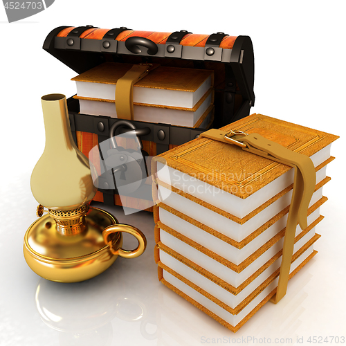 Image of Leather Books in a Chest and kerosene lamp. 3d render