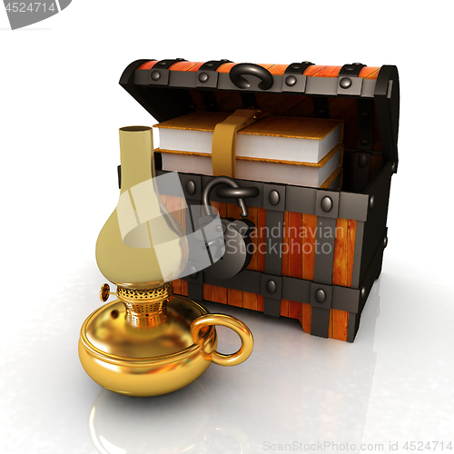 Image of Leather Books in a Chest and kerosene lamp. 3d render