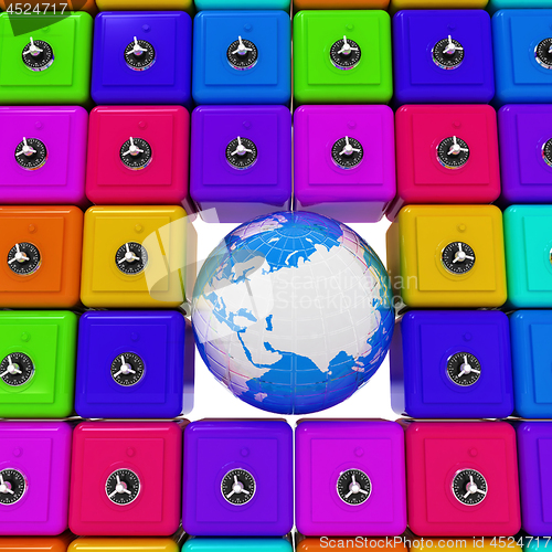 Image of Earth and many safes. Global bancing online concept of money sav