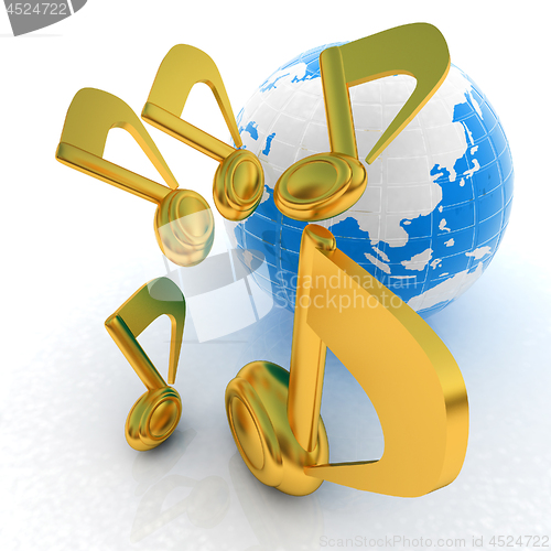 Image of Earth and music notes around. 3d render