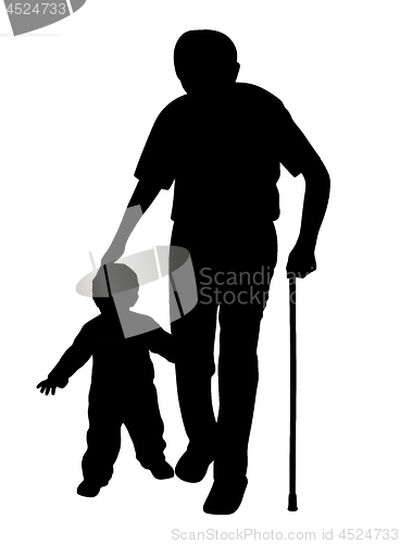 Image of Grandfather with stick and child walking