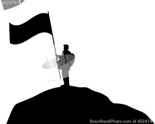 Image of Man waving large flag on a mountain top