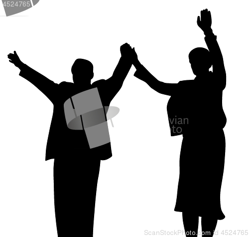 Image of Successful business partners or leader politicians waving raised hands