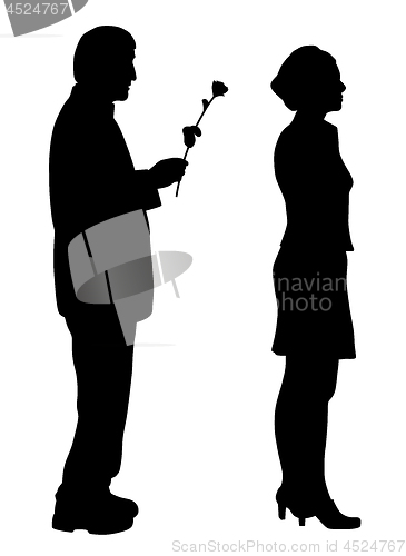 Image of Man saying sorry and giving a rose to offended woman