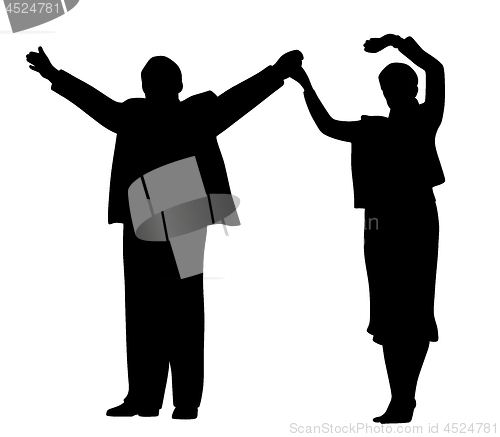 Image of Successful business partners or leader politicians waving raised hands