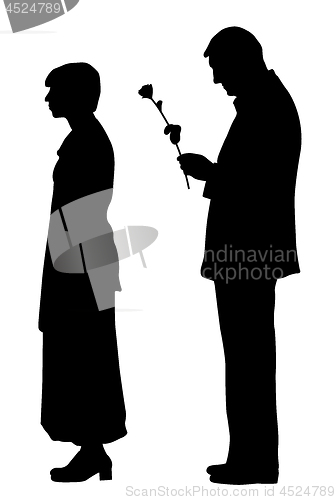 Image of Man saying sorry and giving a rose to offended woman