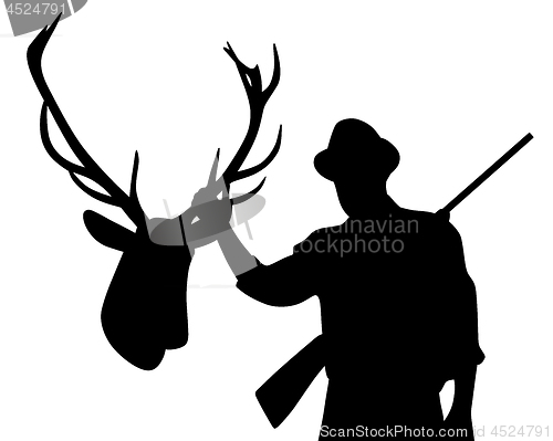 Image of Hunter with rifle holding stuffed deer head hunting trophy