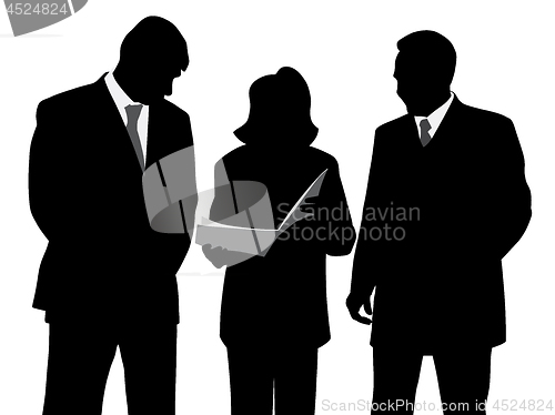 Image of Businesswoman showing a new project plan to two businessmen coll