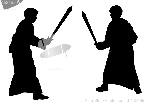 Image of Two kids sword fighting duel in medieval style costumes