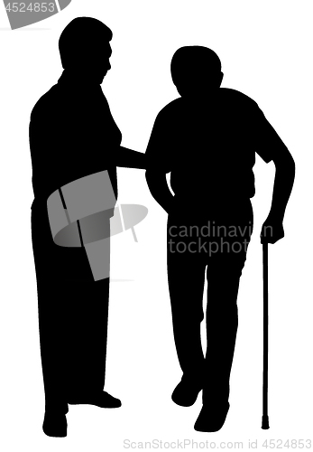 Image of Senior woman supporting senior man with walking stick