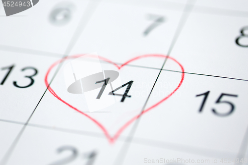 Image of close up of 14th february date in calendar