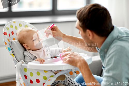 Image of father feeding baby in highchair at home