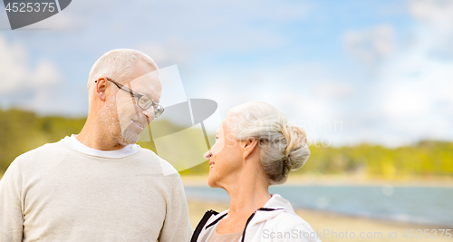 Image of happy senior couple talking over beach background