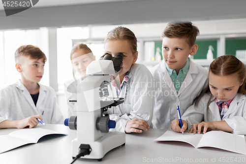 Image of kids or students with microscope biology at school