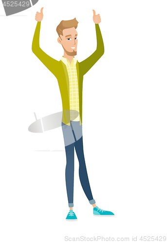 Image of Caucasian businessman standing with raised arms up