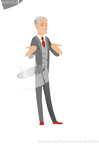 Image of Confused caucasian businessman shrugging shoulders