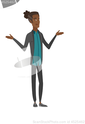 Image of African confused businessman with spread arms.