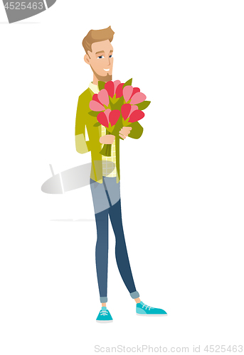 Image of Caucasian businessman holding bouquet of flowers.