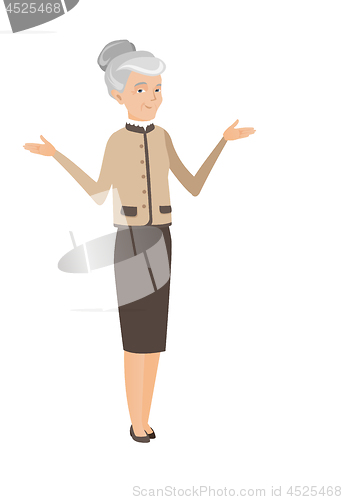Image of Caucasian confused business woman with spread arms