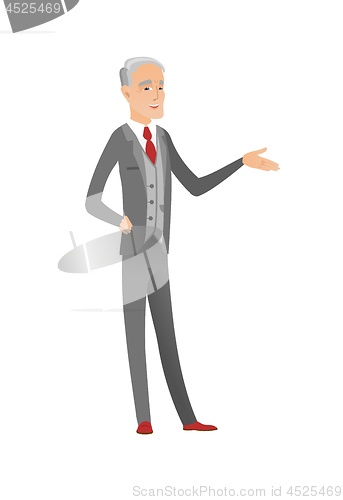 Image of Businessman with arm out in a welcoming gesture.