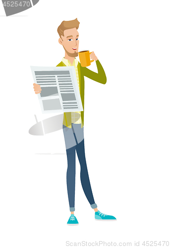 Image of Businessman drinking coffee and reading newspaper.