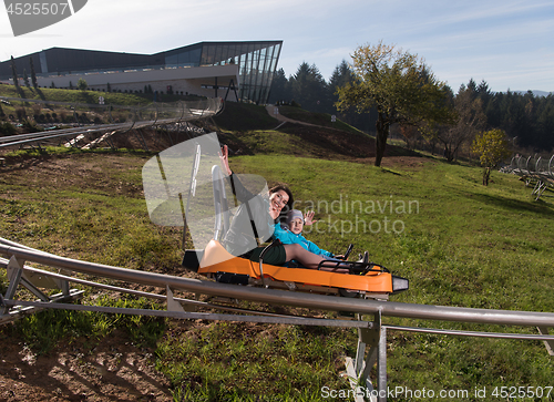 Image of mother and son enjoys driving on alpine coaster