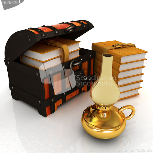 Image of Leather Books in a Chest and kerosene lamp. 3d render