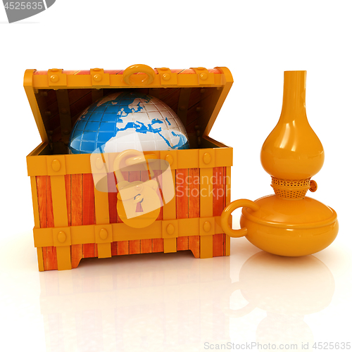 Image of Earth in a chest and kerosene lamp. 3d illustration