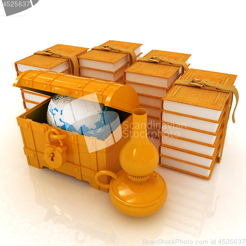 Image of Earth in chest and leather books with kerosene lamp. Edication c