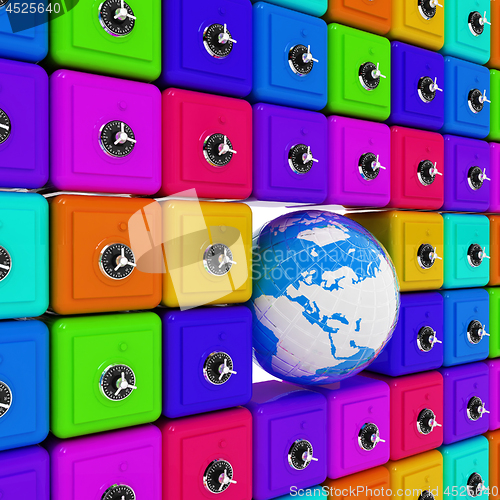 Image of Earth and many safes. Global bancing online concept of money sav