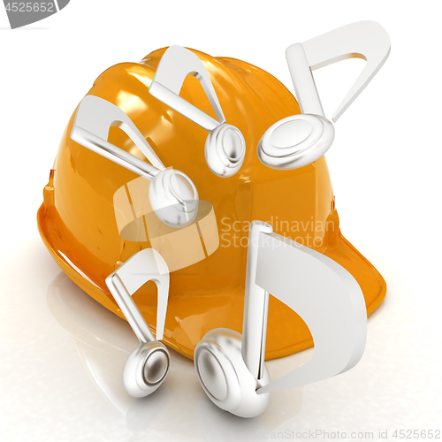 Image of Music notes and hard hat. 3d render