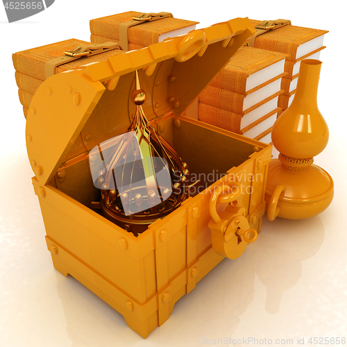 Image of Crown in a chest and  books with  kerosene lamp beside. 3d rende