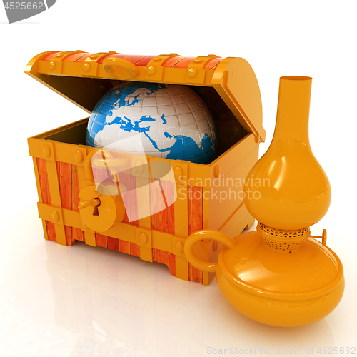 Image of Earth in a chest and kerosene lamp. 3d illustration