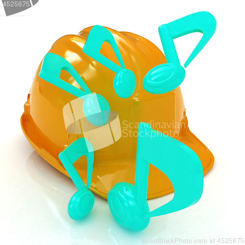Image of Music notes and hard hat. 3d render