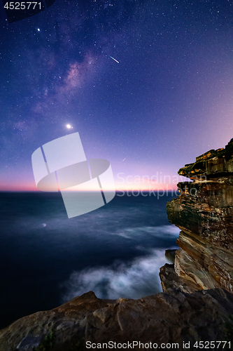 Image of Sydney coast by night with starry milky way sky