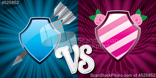 Image of Background with pink and blue team shields versus