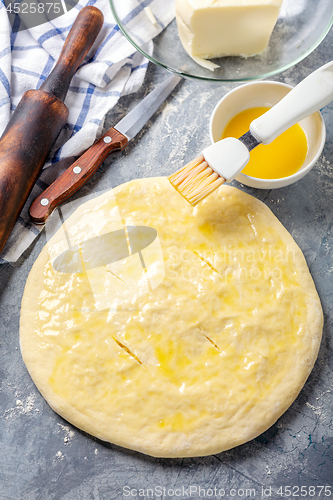 Image of Traditional cheese pie (khachapuri). Caucasian cuisine.